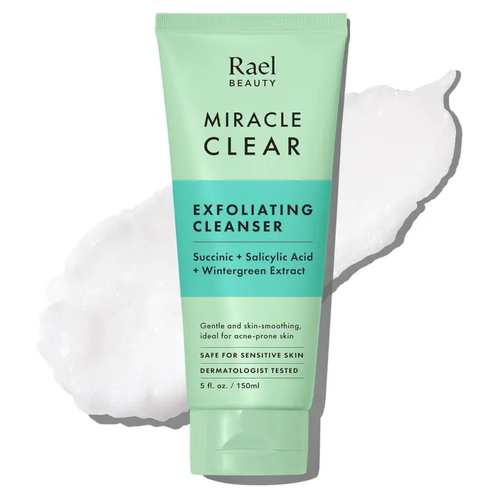 Rael Miracle Clear Face Wash – Limpiador exfoliante suave con ácido succínico y minerales, fórmula hidratante para uso diario, ideal para pieles propensas al acné, secas, sensibles y grasas, vegano (5 fl oz) - 1