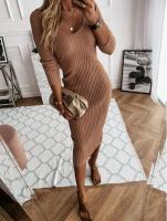 Vestido acanalado de manga larga con cuello en V para mujer, vestido ajustado de punto acanalado, largo d, de corte bajo, 2024 - details 4