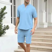 Conjunto de dos piezas para hombre, ropa informal con cremallera y cuello en V, camisetas de manga corta y pantalones cortos tr - details 2