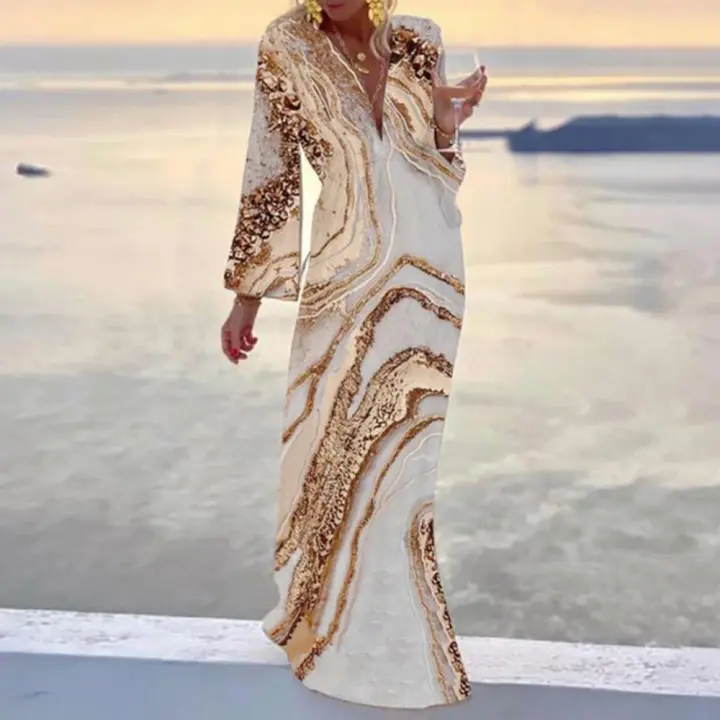 Vestido estampado con cuello en V bohemio para mujer, ropa de primavera y verano. - 1