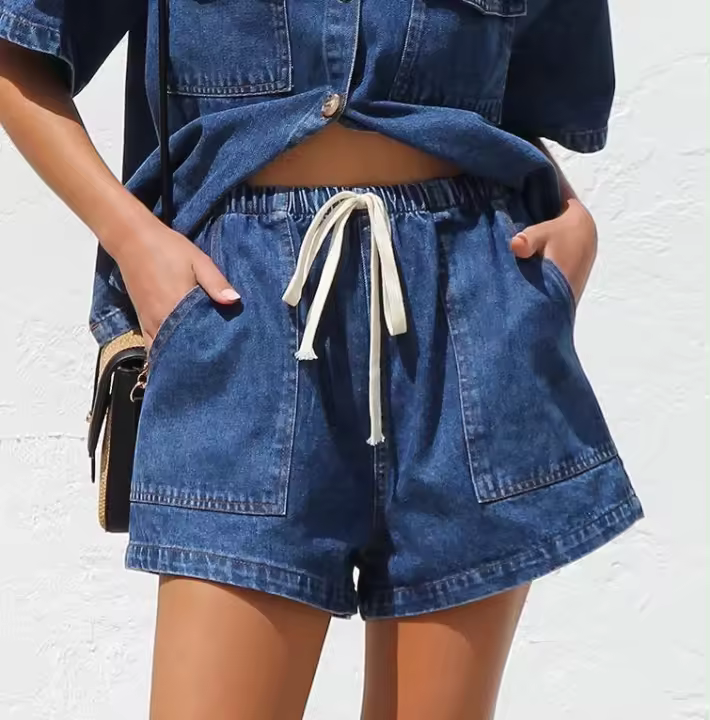 Conjunto Casual de Manga Corta y Shorts de Denim para Mujer Primavera-Verano Moda Suelta y Cómoda - 1