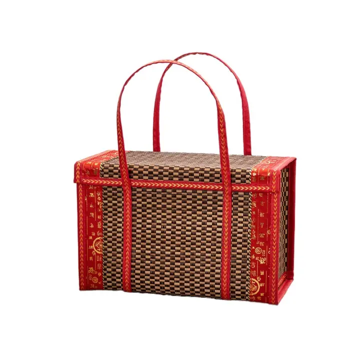Cesta de Picnic de bambú, cesta Rectangular tejida a mano de gran capacidad con tapa, cesta tejida de mano plegable, accesorio para fotos - 1