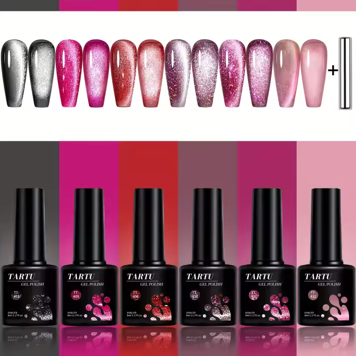 TARTU Juego de 6 esmaltes de uñas en gel tipo ojo de gato de 8 ml, kit de esmalte en gel de 6 colores, remojo para UV/Led, para salón y arte de uñas DIY en casa - 1