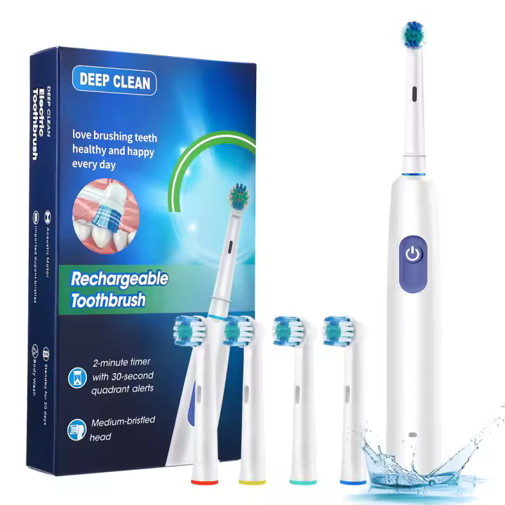 Eléctrico recargable para adultos, limpador de dientes blanco giratorio con 4 cabecales de repuesto - 1