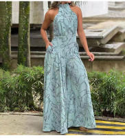 Traje De Mujer Elegante Con Cintura Halter Sin Mangas Con Tirantes Estampado Casual Pierna Ancha Pantalón Largo Verano - details 14