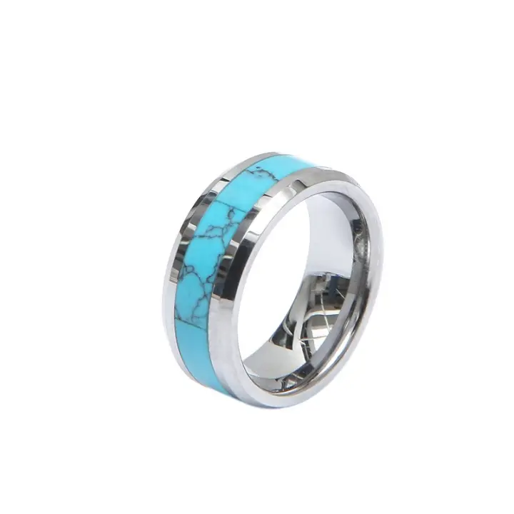 Accesorios transfronterizos anillo de acero de tungsteno de 8 mm con turquesa joyería de oro de tungsteno para hombres y mujeres de moda - 1