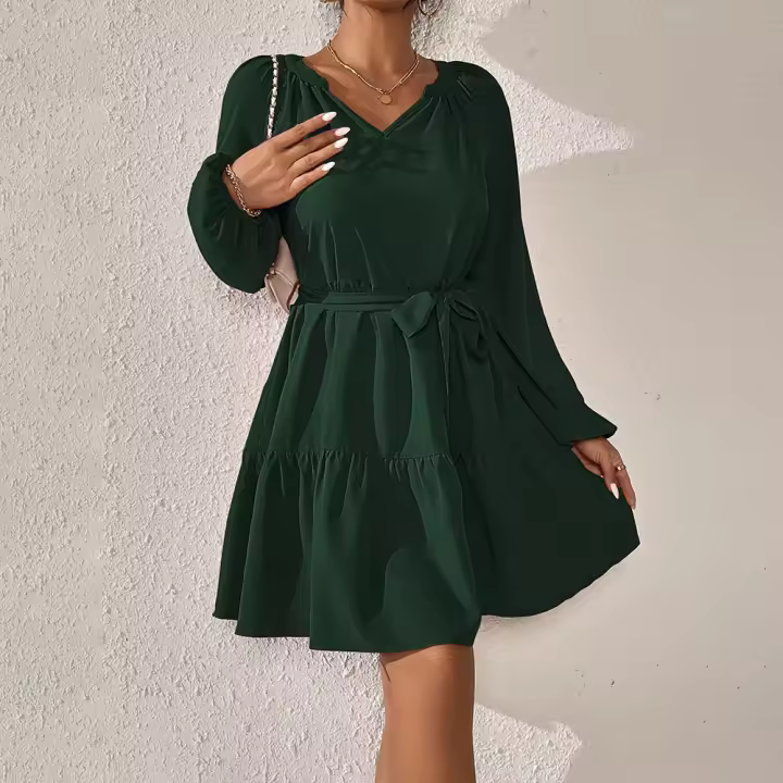 Las mujeres relajan y relajan el temperamento de cintura, vestidos de manga larga con volantes - 1