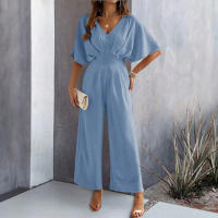 Monos de verano de manga corta para mujer, vestido de cintura alta con cuello en V y pantalones, color rojo burdeos - details 10
