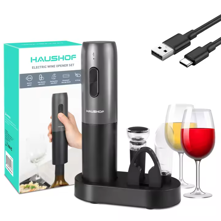HAUSHOF Juego de Sacacorchos 4 en 1, Abridor de Vino con Soporte, Sacacorchos Eléctrico con Tapón de Vino al Vacío, Cortador de Papel de Aluminio, Vertedor de Vino - 1