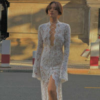 BUNO-vestido de encaje transparente para mujer, maxivestido Sexy de manga larga con cuello redondo, vestido de vaina, bata de noche impresionante - details 1