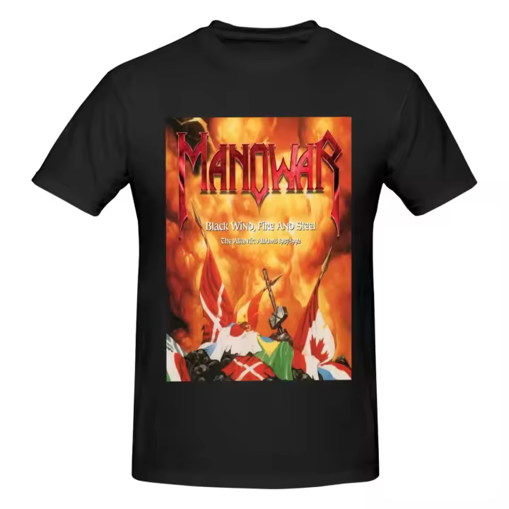 Manowar-Camiseta de manga corta para hombre, Camisa de algodón, color negro, viento, fuego y acero - 1