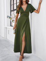 Dama profundaVVestido de noche de fiesta plisado de cintura alta con cuello de manga corta vestido de cóctel - details 8