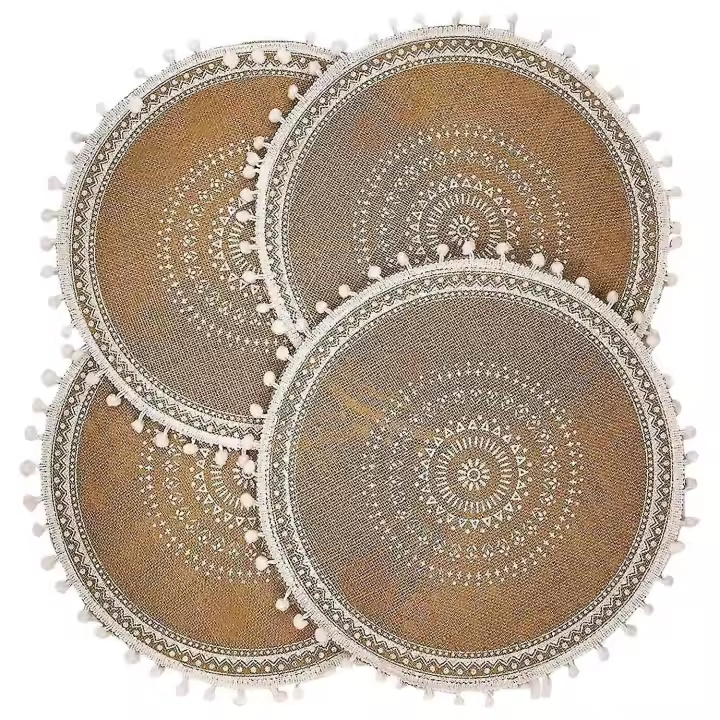 Juego de manteles individuales redondos de 4, manteles tejidos boho con borla de pompón para mesa de kit de comedor Dec - 1