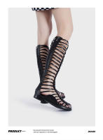 Nuevo verano botas romanas de malla de cuero alto para mujer, fondo plano ahuecado, cremallera trasera, botas geniales, sandalias largas tejidas - details 11