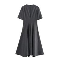 BUNO-vestido Midi a la moda para mujer, cuello redondo, manga corta, cremallera, vestido ajustado para ir al trabajo, vestido plisado informal versátil Vintage para mujer - details 3