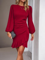 Vestido corto elegante para mujer, prenda informal con volantes, manga abullonada, color negro, sencillo e Irregular, novedad de otoño, 2023 - details 8