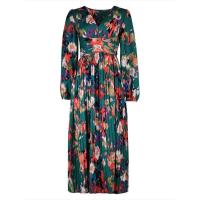 Vestido plisado con manga larga y cuello en V para mujer, estampado verde. - details 4