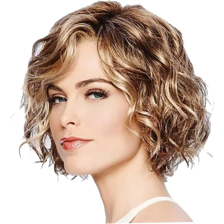 Peluca Corta Ondulada Marrón Fibra de Cabello Sintética Natural Resistente al Calor - 1