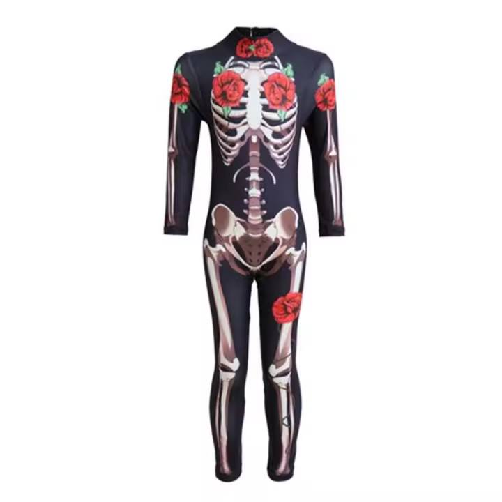 Body de esqueleto para fiesta de Halloween, mono de fantasma de diablo aterrador para niños y adultos, disfraces florales negros para el Día de Todos los Santos - 1