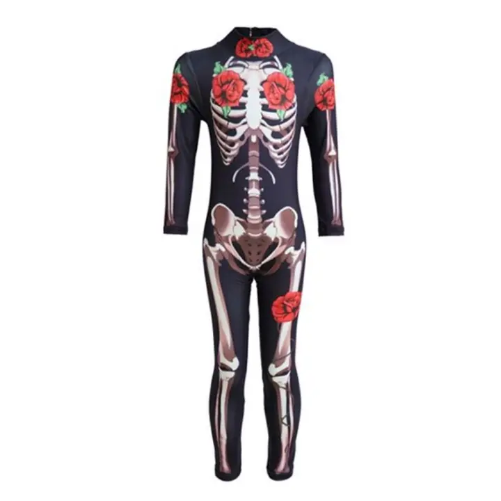 Body de esqueleto para fiesta de Halloween, mono de fantasma de diablo aterrador para niños y adultos, disfraces florales negros para el Día de Todos los Santos - 1