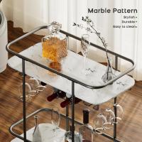 Carrito de servicio de barra de 2 niveles con ruedas, carrito de bebidas móvil con estante para vino y soporte para vidrio, almacenamiento de bebidas rodante con placa de patrón de mármol - details 14