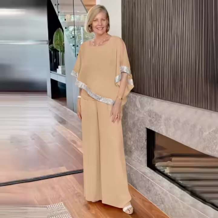 Traje nuevo de verano, traje de moda con cuello redondo, traje de moda de color brillante, camisa de murciélago sin tirantes, pantalones de pierna ancha, traje - 1