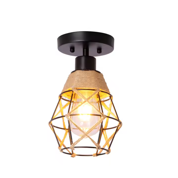 Lámpara de Techo Vintage en Negro con Cuerda de Lino E27 Luz Antigua Rústica para Interior sin Bombilla Adecuada para Sala de Estar Cocina Dormitorio - 1