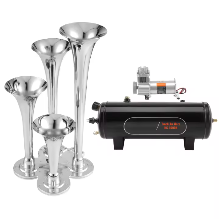 SucceBuy Kit de 4 bocinas de tren de trompeta, 150 dB, para cualquier vehículo de 12 V, automóvil, camión, tren, furgoneta, barco, compresor de 12 V, 160 psi, tanque de 2,6 gal/10 L, manómetro - 1