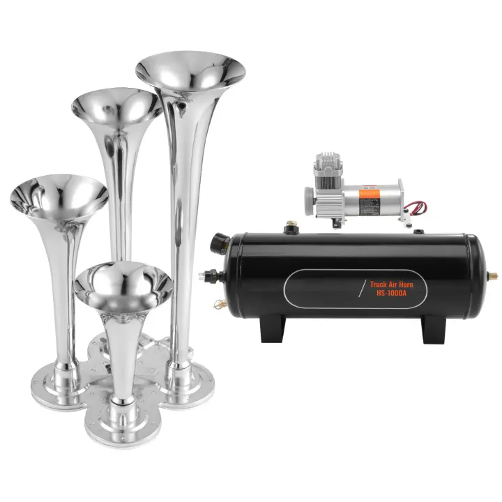 SucceBuy Kit de 4 bocinas de tren de trompeta, 150 dB, para cualquier vehículo de 12 V, automóvil, camión, tren, furgoneta, barco, compresor de 12 V, 160 psi, tanque de 2,6 gal/10 L, manómetro - 1