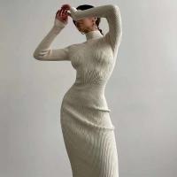 Elegante Vestido Bodycon de Moda Otoñal de Cuello Alto Manga Larga Color Sólido - details 19