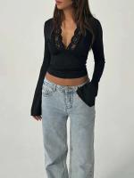 Tops de otoño para mujer, camisa corta con escote en V profundo y mangas de campaña, ropa de calle informal - details 2
