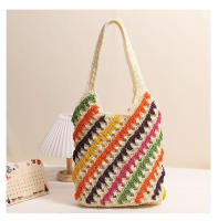Bolso de paja de un solo hombro con rayas coloridas, bolso tejido hueco, estilo de vacaciones, bolso de playa, bolso casual para mujeres - details 3