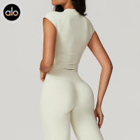 Alo yoga manga corta cuello redondo manga pequeña de vuelo running fitness manga corta deporte camiseta mujer skinness ropa de yoga de secado rápido - details 0