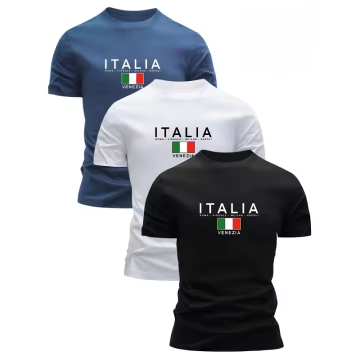 3 Piezas Camisetas Slim Fit 100% Algodón para Hombre - Camisetas Gráficas Tradicionales Italianas con Letras de Venecia y Diseño de Bandera, Camisas Informales de Verano Transpirables para Vestir Informal (Gris/Blanco/Negro), Ropa de Resort, Material Cómo - 1