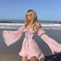 Mini vestido de gasa de hada rosa para mujer, corsé elegante con venta, vestido de verano de dama de honor con cuello con cuentas y manga larga vintage, - details 12