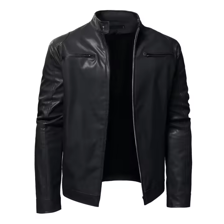 Chaqueta de Moto de Cuero Negro para Hombres Cuello Alto, Color Sólido, Calidez de Invierno, Estilo Callejero - 1