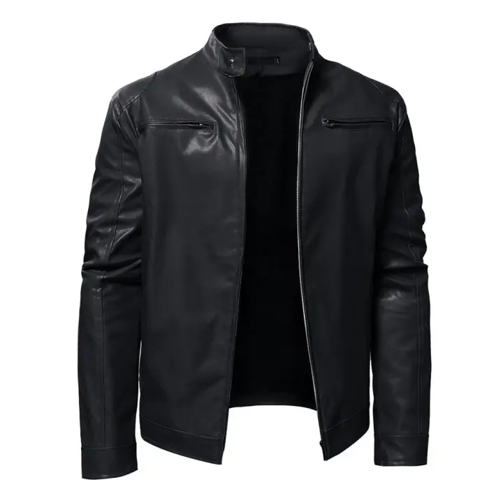Chaqueta de Moto de Cuero Negro para Hombres Cuello Alto, Color Sólido, Calidez de Invierno, Estilo Callejero - 1