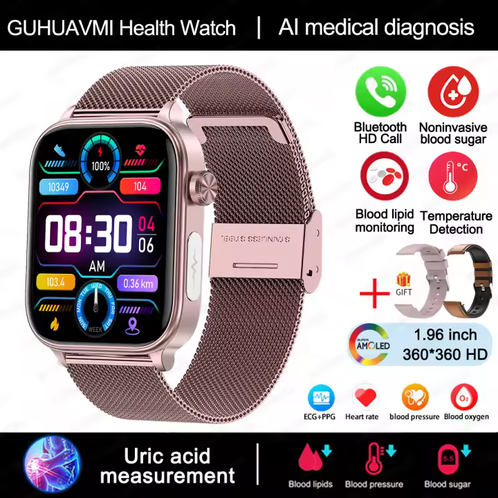 2024 Nuevo ECG + PPG Clase Médica 1,96 inch, 360*360 AMOLED Pantalla complete de HD táctil Smart Watch Azúcar en sangre, lípidos sanguíneos, temperature corporal, Llamada Bluetooth,IP68 a prueba de Agua Reloj Inteligente saludable para Android IOS - 1