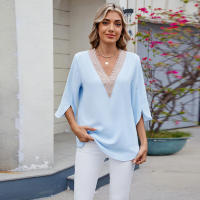 BUNO-2025 Blusa de moda con cuello en V para mujer, camisas de gasa de siete mangas con empalme de encaje, camisa holgada informal de Color sólido elegante para oficina, novedad de 20252 - details 5