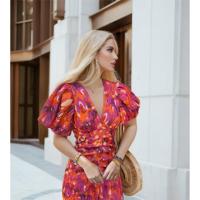 2025 Vestido de verano para mujer, azul, estampado, cuello en V, ceñido, ceñido a la cadera, manga corta - details 12