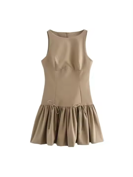 2025 Mini vestido con volantes para mujer con ck, cuello redondo, sin mangas, elegante y a la moda - 1