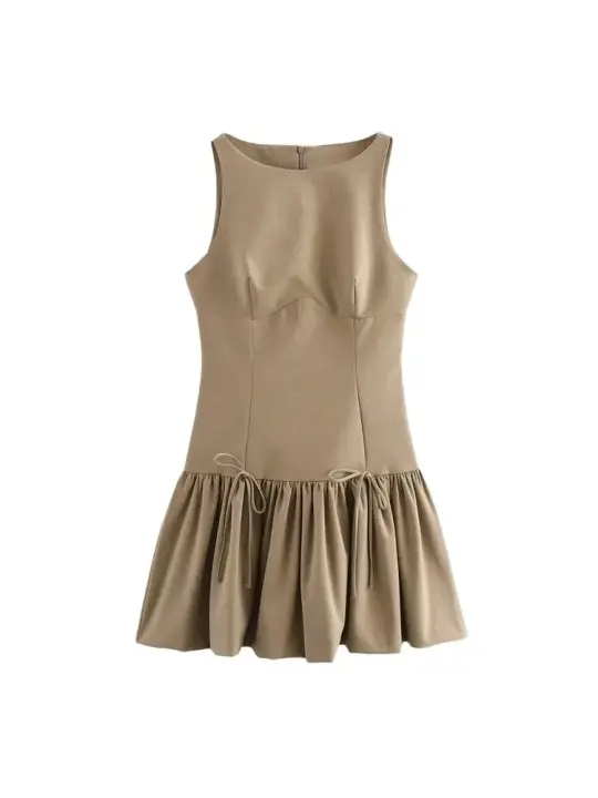 2025 Mini vestido con volantes para mujer con ck, cuello redondo, sin mangas, elegante y a la moda - 1
