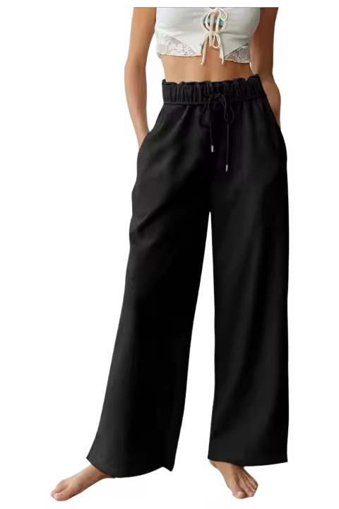 Elrachen Pantalones deportivos elásticos de cintura alta con cordón para mujer, negro, tallas S-2XL - 1