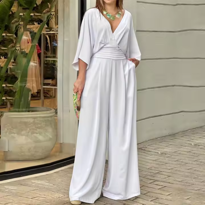 Ropa elegante de invierno para mujer, mono informal de manga corta con cuello en V, Color sólido, a la moda, 2025 - 1