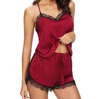 Conjunto de pijama de seda para mujer, camiseta sexy de color liso, pantalones cortos, ropa interior para el hogar agradable para la piel, gran oferta de verano - details 15