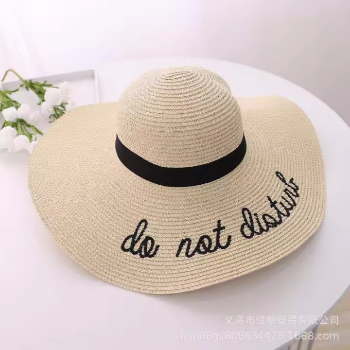 Gorra de Sol Protectora Grande con Estilo Playa Gorra de Paja con Visera Bordada para Mujeres - 1