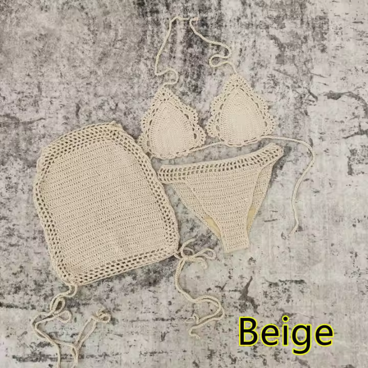 Conjunto de 3 piezas de bikini de ganchillo hecho a mano, minifalda de playa, traje de baño - 1