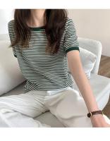 Camiseta de manga corta a rayas para mujer, novedad de verano, versión coreana, Top holgado Retro con ajuste en contraste y cuello redondo, moda informal para mujer - details 7