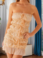 Vestido sin tirantes fruncido para mujer, con cordón y pajarita en la parte delantera, sólido, ajustado, tubo, mini vestido para verano y primavera - details 3