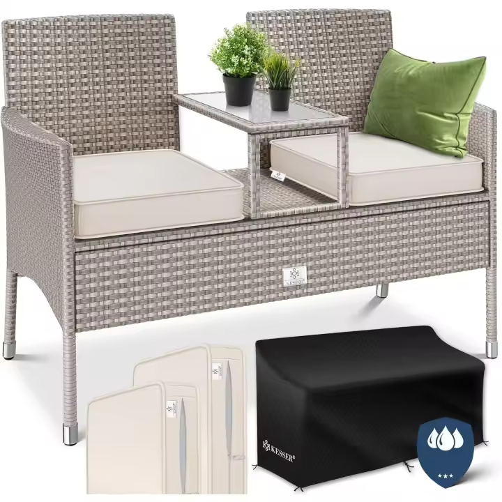 Banco de jardín de poliratán de 2 plazas, con mesa y cojines integrados - 133 x 63 x 84 cm - Banco de ratán Sofá de jardín Juego de asientos resistente a la intemperie, gris - 1